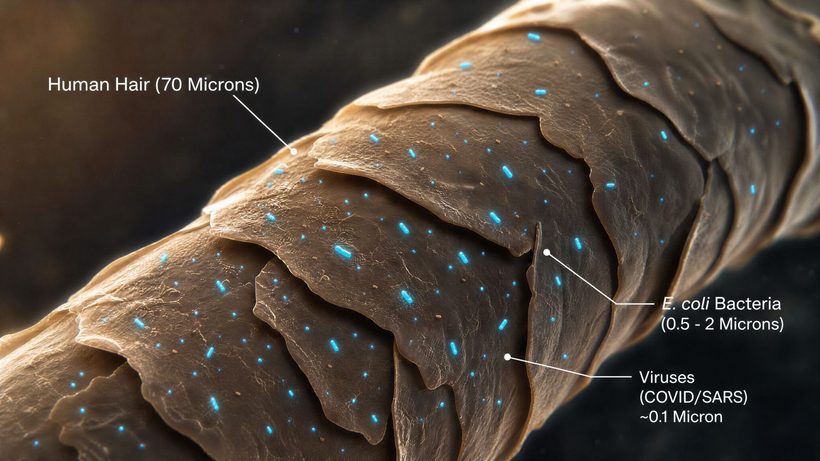 Human hair (70 microns) compared with E. coli bacteria and viruses